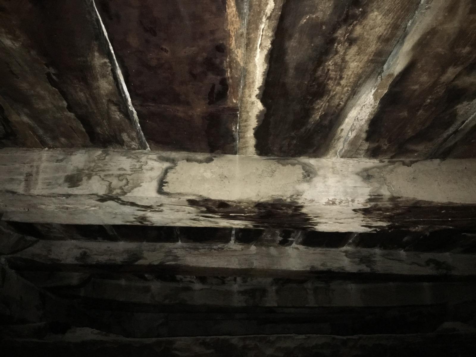 Vigas de madera deterioradas con manchas de humedad